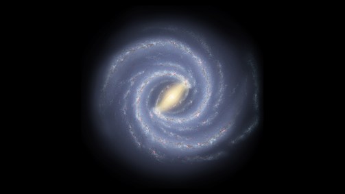Ilustração mostra visão de cima da Via Láctea, que é uma galáxia espiral barrada