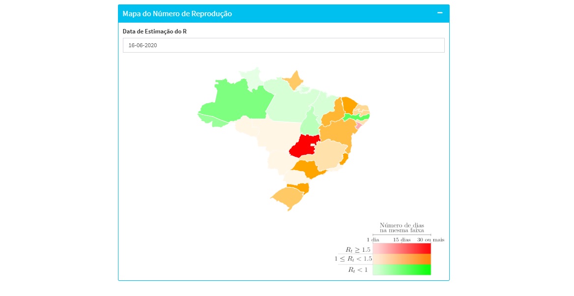Mapa de taxas de reprodução da Covid-19 no Brasil feito pelo Covid-19 Analytics