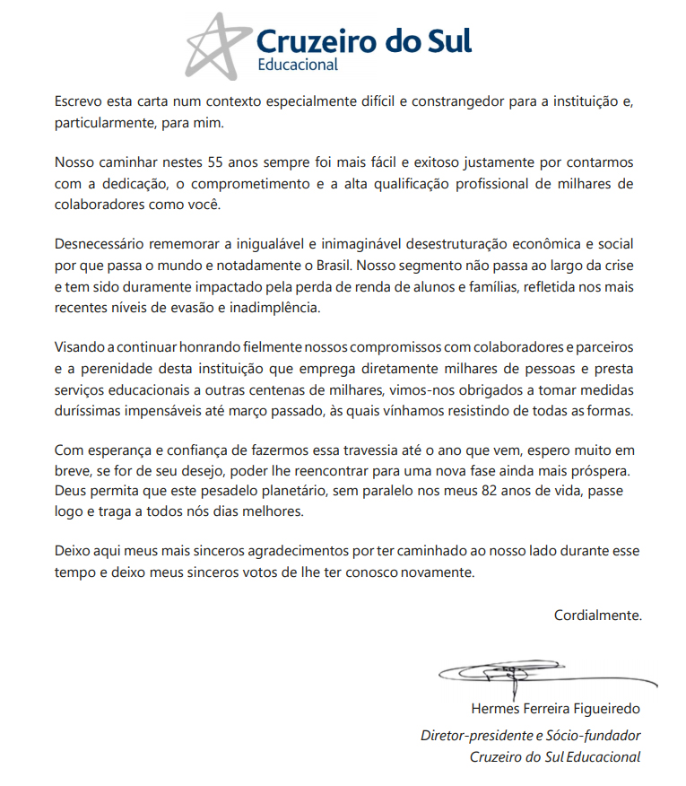 Carta enviada a professores da Universidade Cruzeiro do Sul