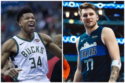 Montagem com Giannis Antetokounmpo e Luka Doncic