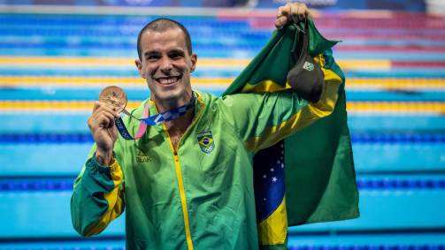 Nos 50 metros livre da natação masculina, brasileiro Brumo Fratus conseguiu a medalha de bronze com a terceira colocação (01/08/2021)