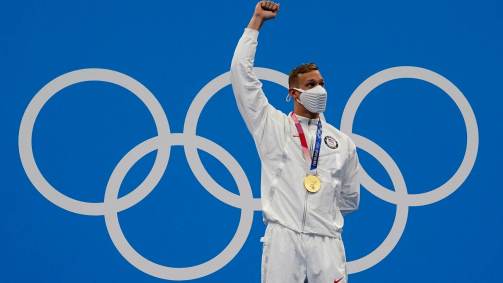 Nos 100 metros borboleta masculino, americano Caeleb Dressel foi o grande vencedor da prova e conquistou a medalha de ouro (31/07/2021)