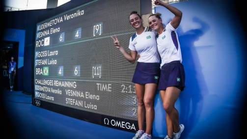 Luisa Stefani e Laura Pigossi mostram placar final da partida contra as russas