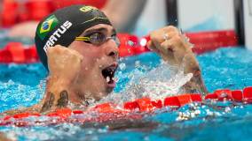 Nos 50 metros livre da natação masculina, brasileiro Brumo Fratus conseguiu a medalha de bronze com a terceira colocação (01/08/2021)