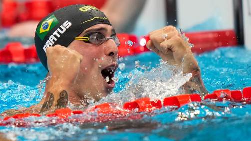 Nos 50 metros livre da natação masculina, brasileiro Brumo Fratus conseguiu a medalha de bronze com a terceira colocação (01/08/2021)