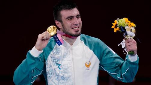 Bakhodir Jalalov, do Uzbequistão, conquistou o ouro na categoria acima de 91kg no boxe masculino (08/08/2021)