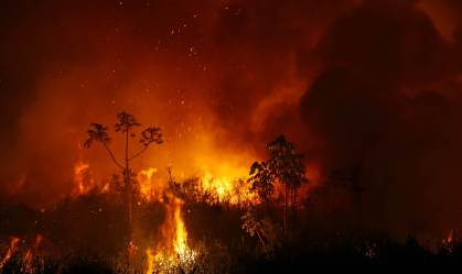 Fumaça e chamas de queimada no Pantanal, em Poconé, no Mato Grosso