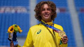 Jovem australiano Keegan Palmer foi o grande vencedor da final do skate park masculino e levou a medalha de ouro (05/08/2021)