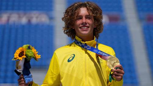 Jovem australiano Keegan Palmer foi o grande vencedor da final do skate park masculino e levou a medalha de ouro (05/08/2021)