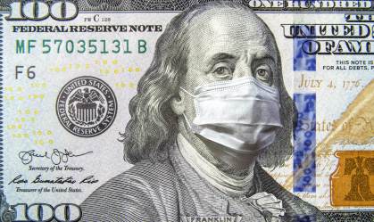 Montagem de Roosevelt usando máscara em nota de Dólar. 