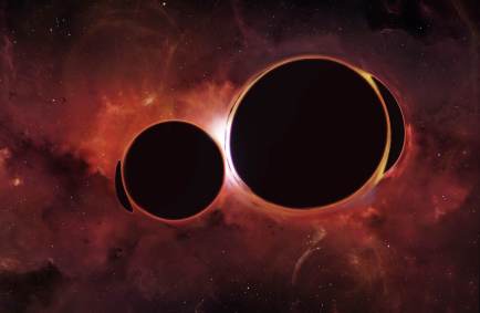 Ilustração de dois buracos negros orbitando um ao outro
