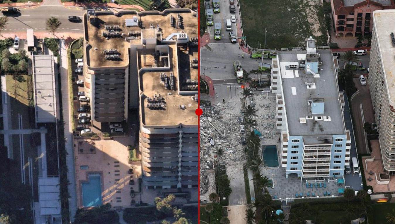 Antes e depois de prédio que desabou na Flórida, nos EUA Antes e depois de prédio que desabou na Flórida, nos EUA