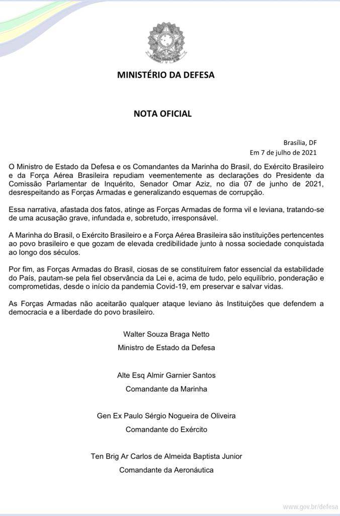 Nota do Ministério da Defesa Nota do Ministério da Defesa