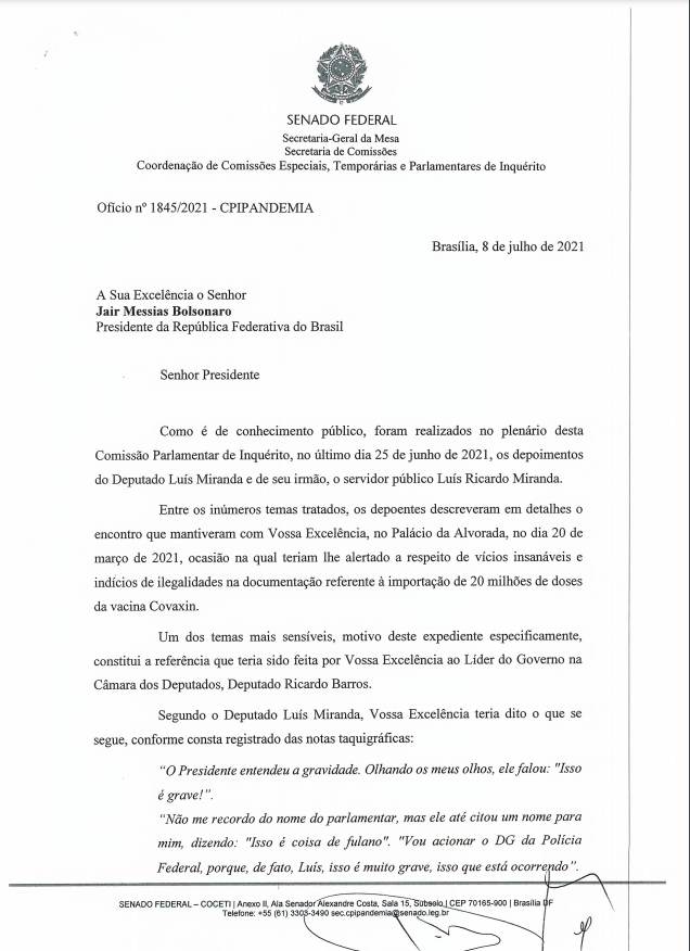 Carta da cúpula da CPI ao presidente Jair Bolsonaro