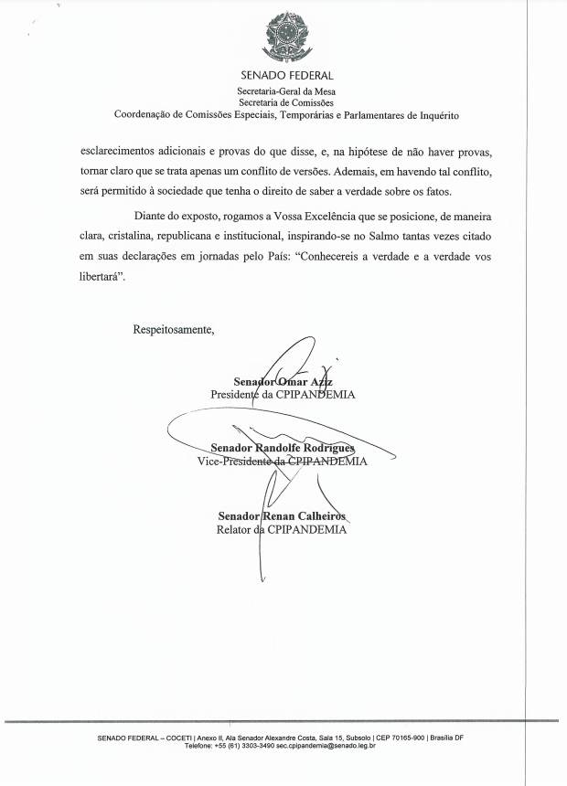 Carta da cúpula da CPI ao presidente Jair Bolsonaro