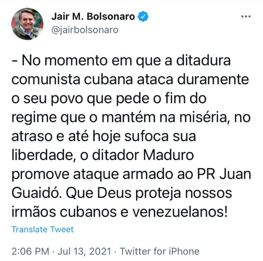 Presidente Jair Bolsonaro critica ações de Cuba e Venezuela pelo Twitter/Reprodu