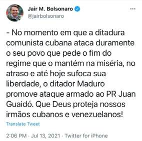 Presidente Jair Bolsonaro critica ações de Cuba e Venezuela pelo Twitter/Reprodu