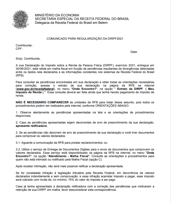 Carta Receita Federal sobre inconsistências no IR 2021 Carta Receita Federal sobre inconsistências no IR 2021