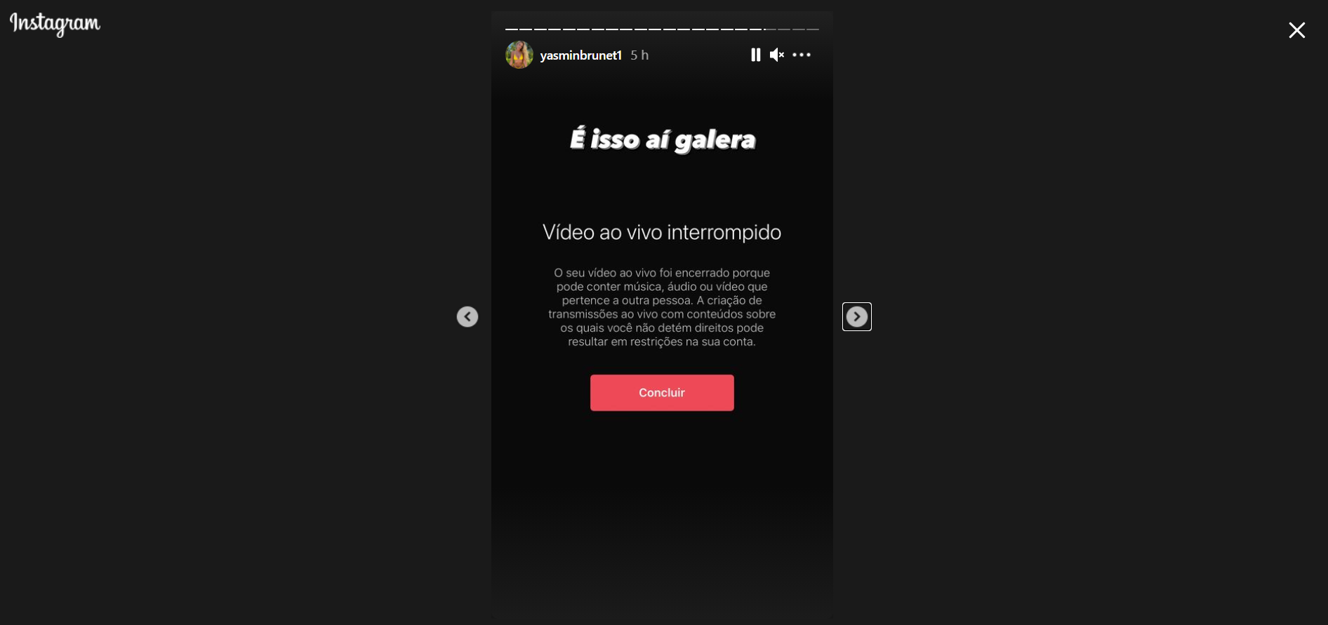 Tela do Instagram de Yasmin Brunet apresenta mensagem de proibição de lives Tela do Instagram de Yasmin Brunet apresenta mensagem de proibição de lives