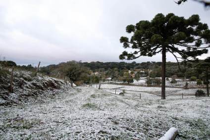 Neve acumulada no interior de Caxias do Sul (RS), na manhã desta quinta-feira (2