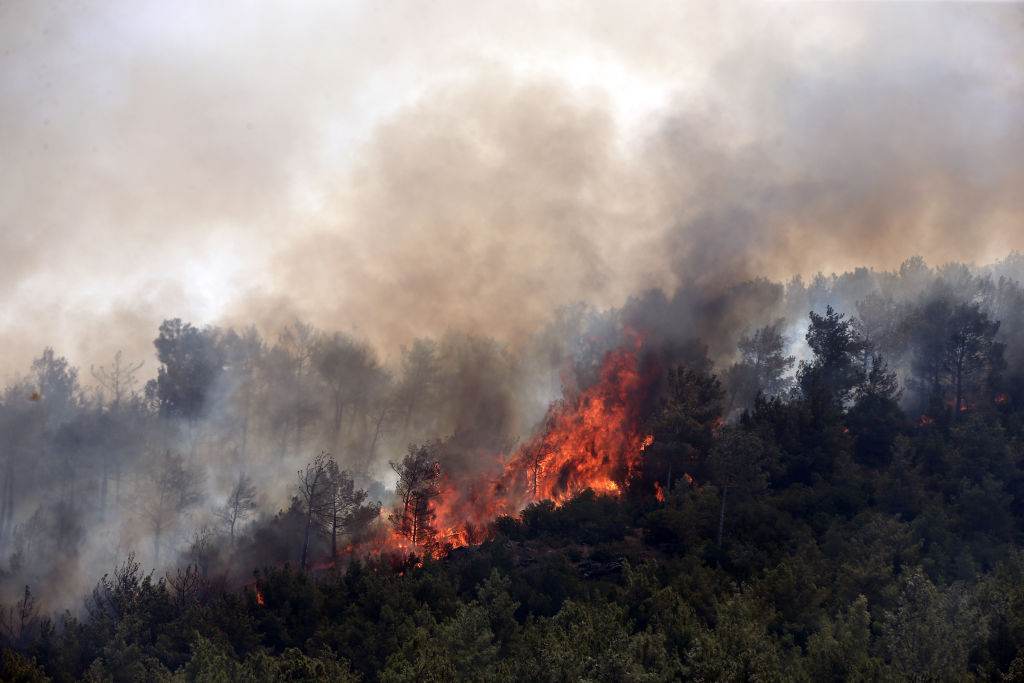 Chamas e fumaça aumentam após incêndio florestal no distrito de Silifke, em Mer Chamas e fumaça aumentam após incêndio florestal no distrito de Silifke, em Mer
