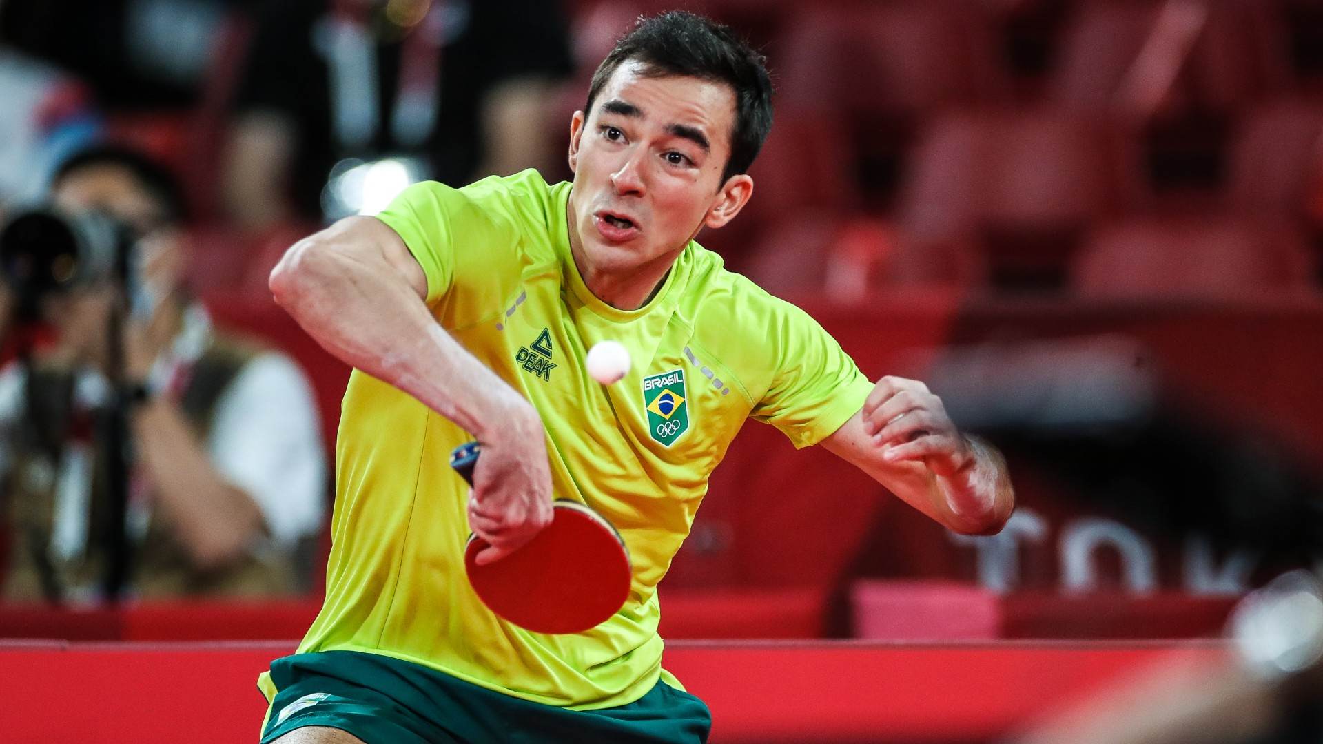 Hugo Calderano na disputa por equipes do tênis de mesa, contra a Coreia do Sul Hugo Calderano na disputa por equipes do tênis de mesa, contra a Coreia do Sul