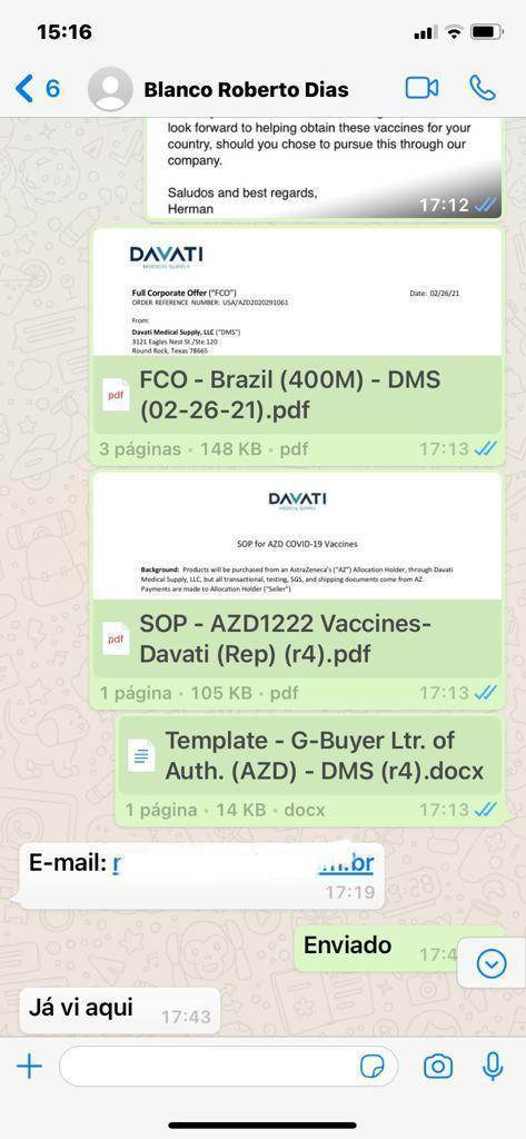 Blanco pediu que documentos sobre possível venda de vacinas fossem enviados par Blanco pediu que documentos sobre possível venda de vacinas fossem enviados par