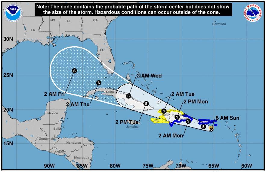 Trajetória prevista da tempestade tropical Grace, que pode atingir o Haiti Trajetória prevista da tempestade tropical Grace, que pode atingir o Haiti