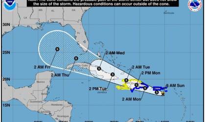 Trajetória prevista da tempestade tropical Grace, que pode atingir o Haiti