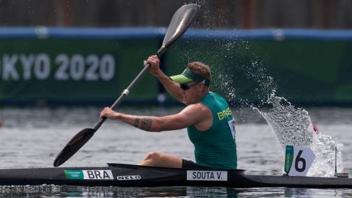 Na categoria K-1 1.000 metros o brasileiro Vagner Souta terminou em último lugar na sua bateria das eliminatórias, depois ficou em 3º nas quartas e não avançou na competição (02/08/2021)