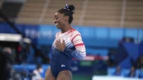 Simone Biles após disputar a final da trave na ginástica artística das Olimpíadas 2020