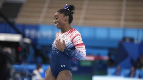 Simone Biles após disputar a final da trave na ginástica artística das Olimpíadas 2020