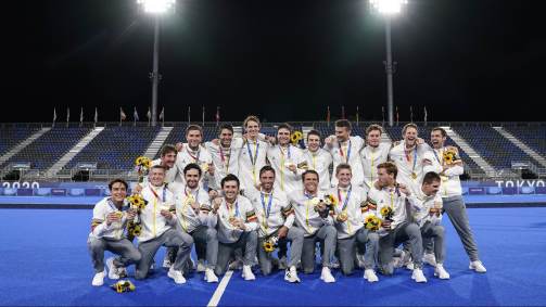 Equipe belga de hockey celebra conquista do ouro contra a Austrália