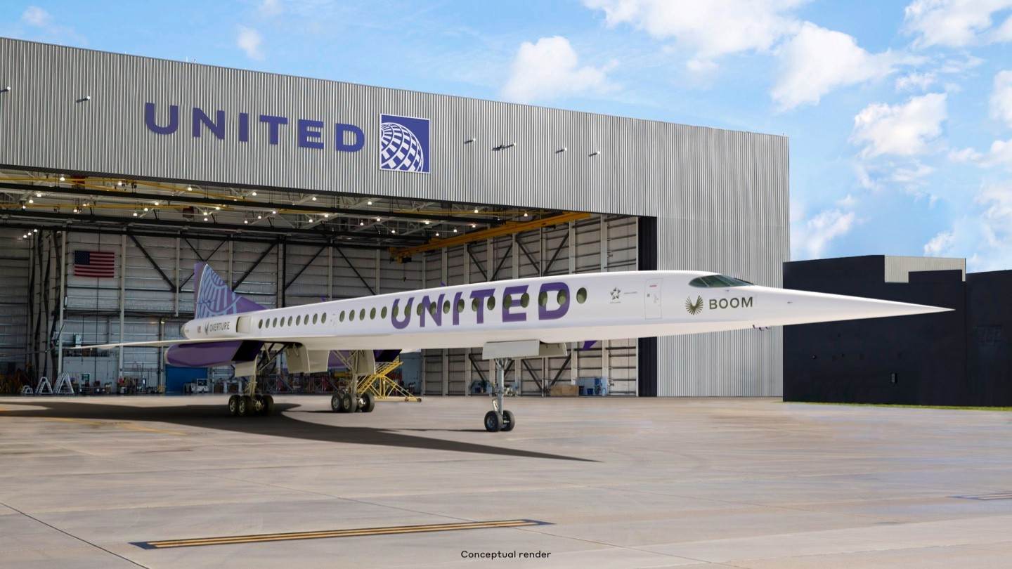 Concepcao artistica do Boom Overture com a pintura da United Airlines