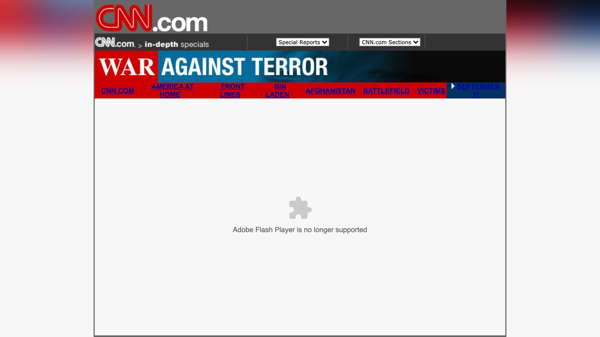 Infográfico interativo da CNN sobre o 11/9 feito em Flash e que não funciona mais