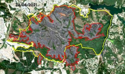 Imagens de satélite mostram área queimada (contorno vermelho) do Parque do Juquery