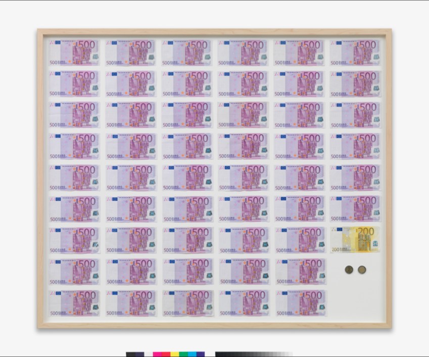 Novas obras deveriam ser versões atualizadas de trabalhos feitos em 2007 e 2010; na foto, o quadro 'Salário médio anual de um austríaco', de 2007 / Jens Ziehe/Cortesia Sabsay Gallery