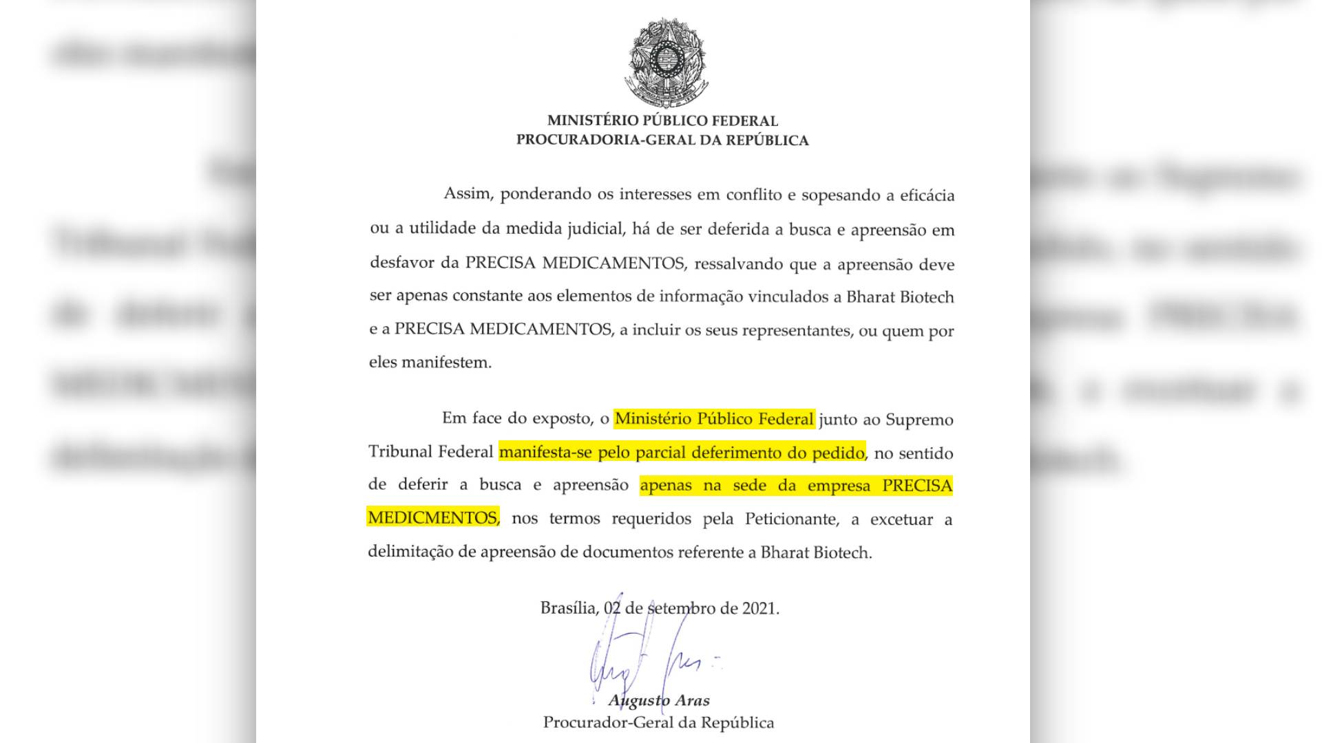 Parecer do PGR, Augusto Aras, sobre operação de busca e apreensão na Precisa Medicamentos / CNN (17.set.2021)