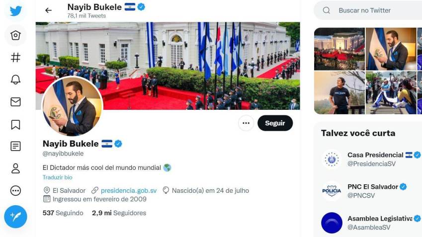 Perfil no Twitter de Nayib Bukele, presidente de El Salvador / Reprodução/nayibbukele/Twitter (21.set.2021)
