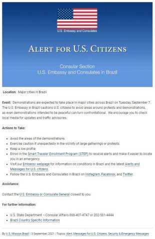 Comunicado da embaixada dos Estados Unidos aos cidadãos americanos / Reprodução