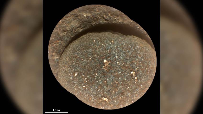 Manchas brancas são visíveis nesta imagem que mostra onde a Perseverance usou sua ferramenta de abrasão para retificar a rocha antes de perfurar / IRAP/CNES/LANL/JPL-Caltech/Nasa