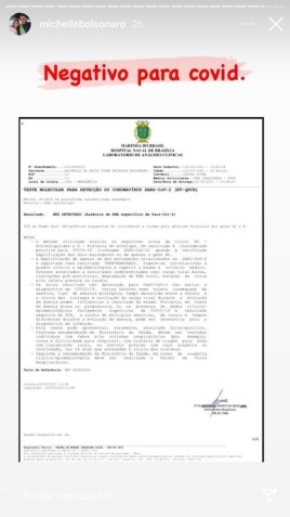 Teste RT PCR negativo de Michelle Bolsonaro / Reprodução/Instagram