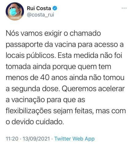 O governador da Bahia, Rui Costa (PT), afirmou no Twitter que o estado exigirá o passaporte da vacina em locais públicos / Reprodução/Twitter