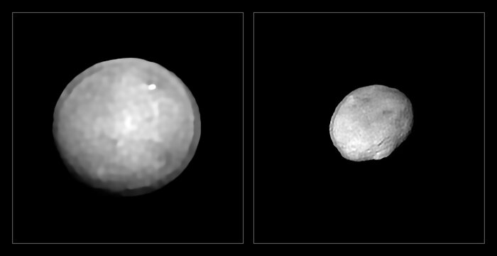Imagens de Ceres (esquerda) e Vesta, maiores asteroides identificados pelo VLT e pelo Sphere