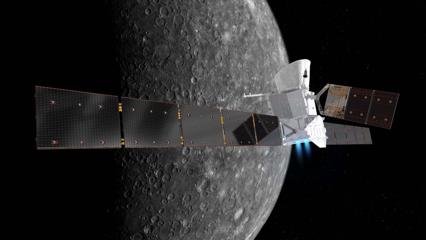 Ilustração artística da espaçonave BepiColombo com Mercúrio ao fundo / ESA/ATG medialab/Nasa/JPL