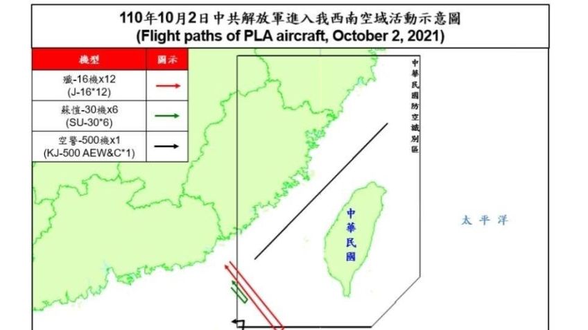 Mapa fornecido por Taiwan mostra trajetória de aviões militares chineses em uma das incursões de sábado (2) / Reprodução/Ministério da Defesa de Taiwan/Twitter