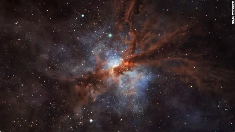 Representação artística mostra uma distante galáxia em formação de estrelas, a mais de 12 bilhões de anos-luz de distância