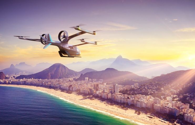 Ilustração da aeronave elétrica de pouso e decolagem vertical (eVTOL, no acrônimo em inglês), da Eve, no Rio de Janeiro • Eve / Divulgação