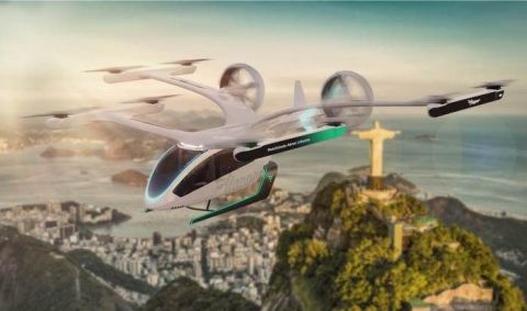 Ilustração da aeronave elétrica de pouso e decolagem vertical (eVTOL, no acrônimo em inglês), da Eve, no Rio de Janeiro