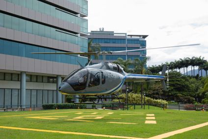 Helicóptero usado no Rio para simulação da rota do futuro e-VOLT, conhecido como carro voador